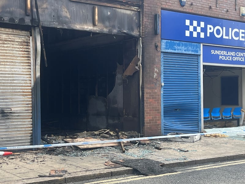 A fire-damaged Citizen’s Advice Bureau office in Sunderland following protests in the city