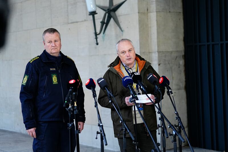 Chief police inspector and operational chief of PET Flemming Drejer, right, and senior police inspector and head of emergency services in Copenhagen Police Peter Dahl give a press briefing (Martin Sylvest/Ritzau Scanpix via AP)