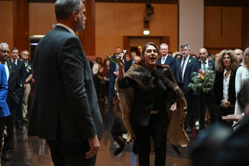 Australian senator Lidia Thorpe protests during the ceremonial welcome in Canberra for the King and Queen