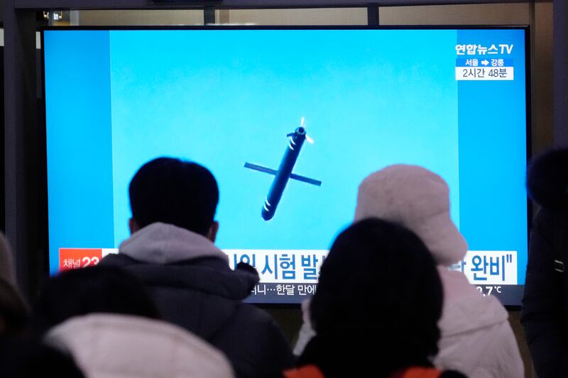 A TV screen shows an image of North Korea’s missile launch during a news program at Seoul Railway Station in Seoul, South Korea (AP/Ahn Young-joon)