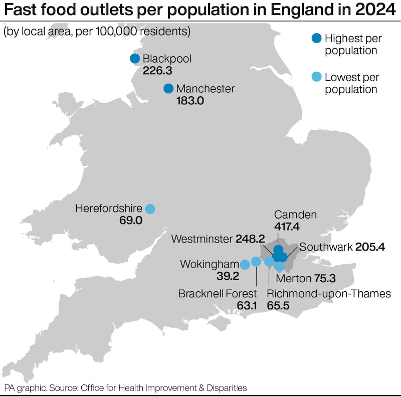 Fast food outlets per population in England in 2024