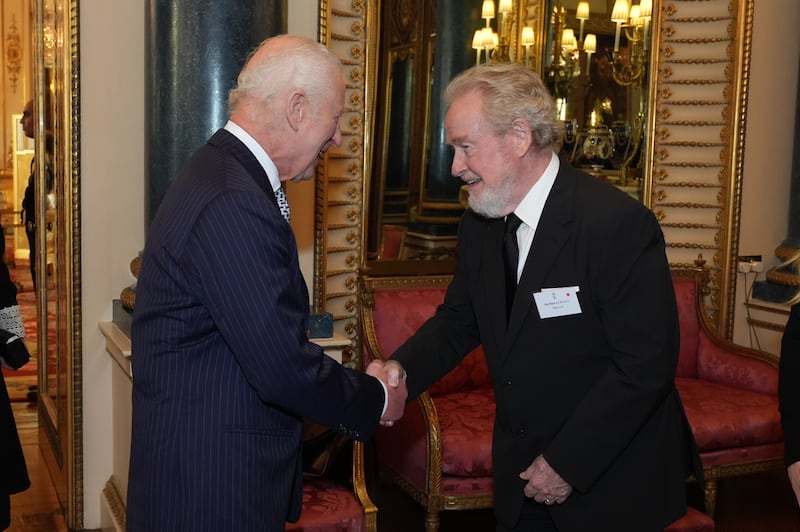 The King with Sir Ridley Scott during a reception to mark the centenary of the Film and TV charity, at Buckingham Palace, London