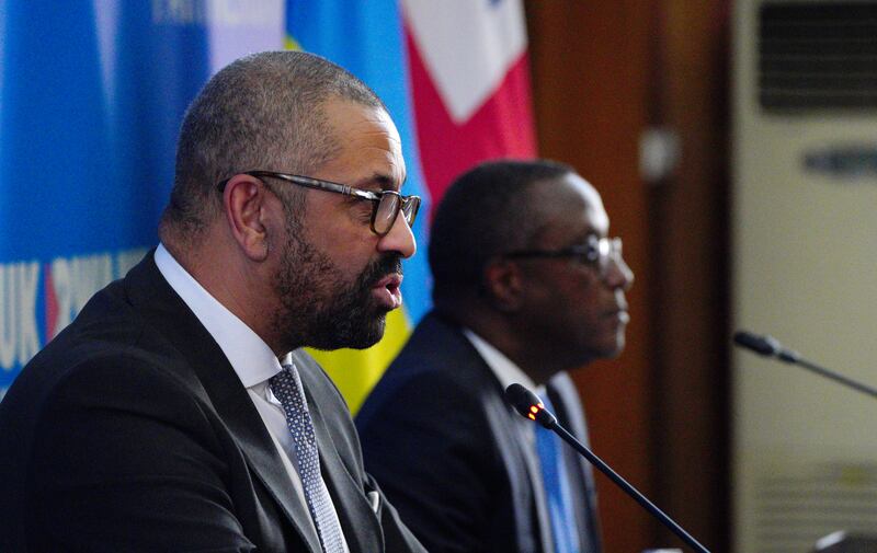 Home Secretary James Cleverly speaks during a press conference with Rwandan minister of foreign affairs Vincent Biruta