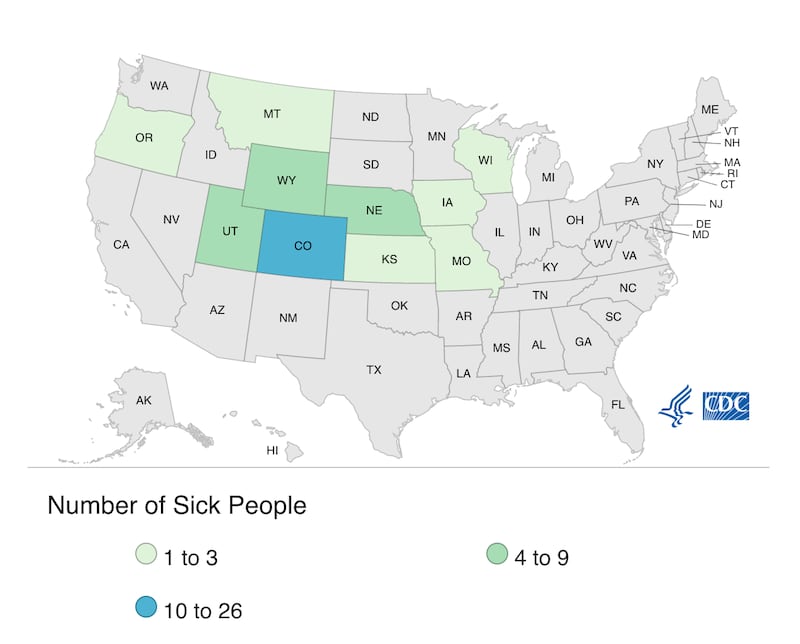 Map showing the number of people who have fallen sick in each state as a result of the McDonald's E.coli outbreak (CDC)