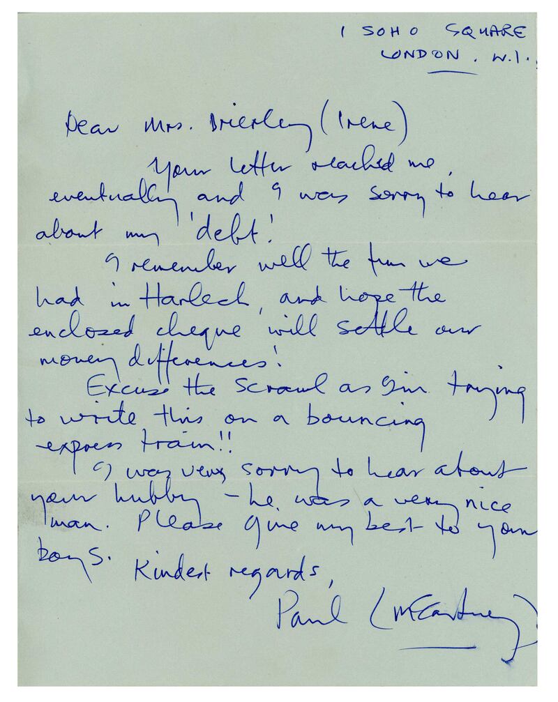 Letter from Paul McCartney to Irene Brierley