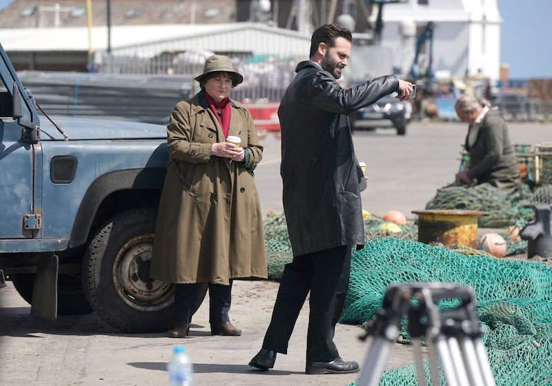 Brenda Blethyn, who plays DCI Vera Stanhope, and David Leon, who plays DS Joe Ashworth, on set during the filming of the ITV crime drama Vera on the Fish Quay in North Tyneside