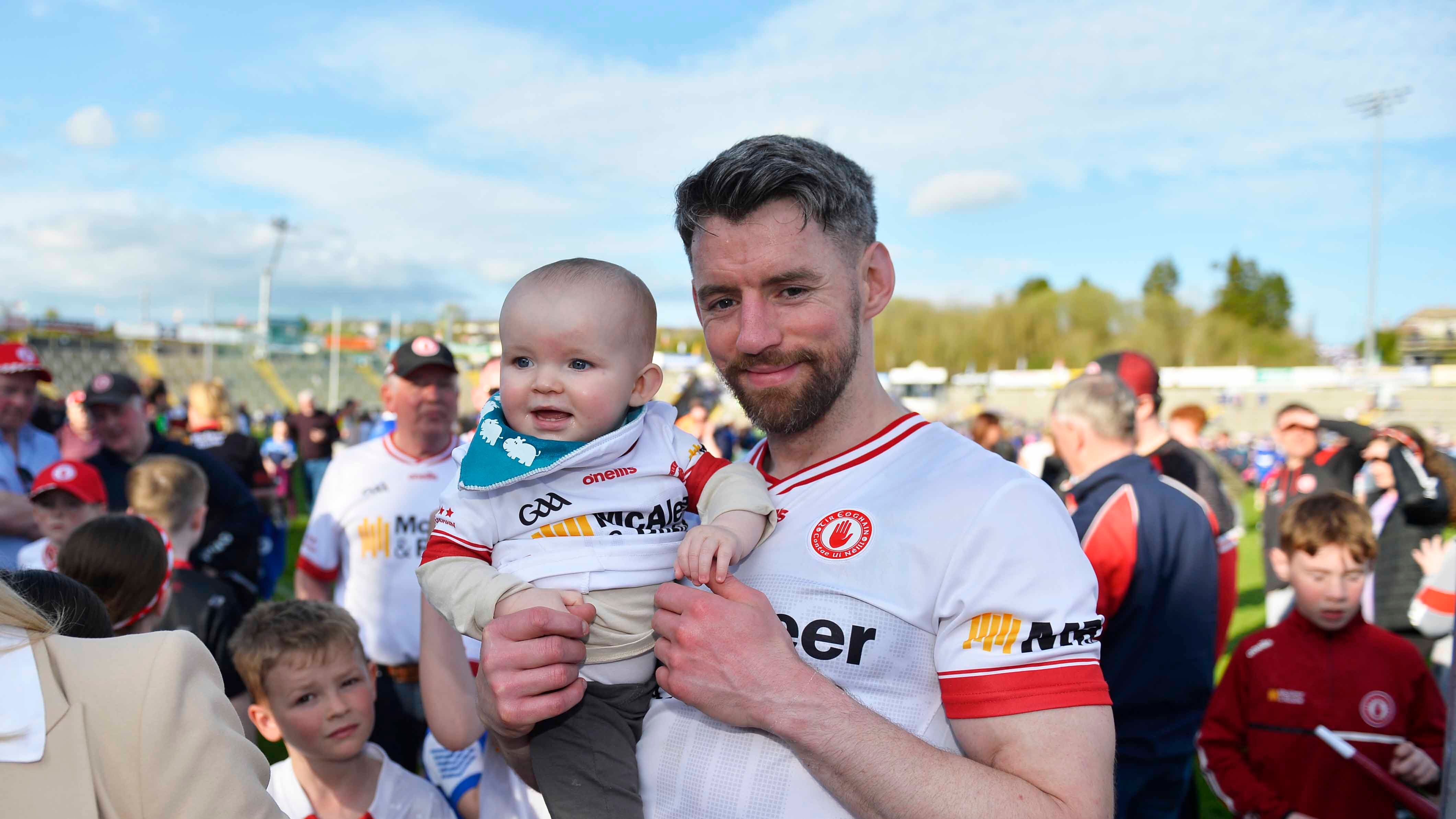 Tyrone’s Mattie Donnelly celebrates with his son Senan after the Ulster Quarter final. Picture: Mark Marlow