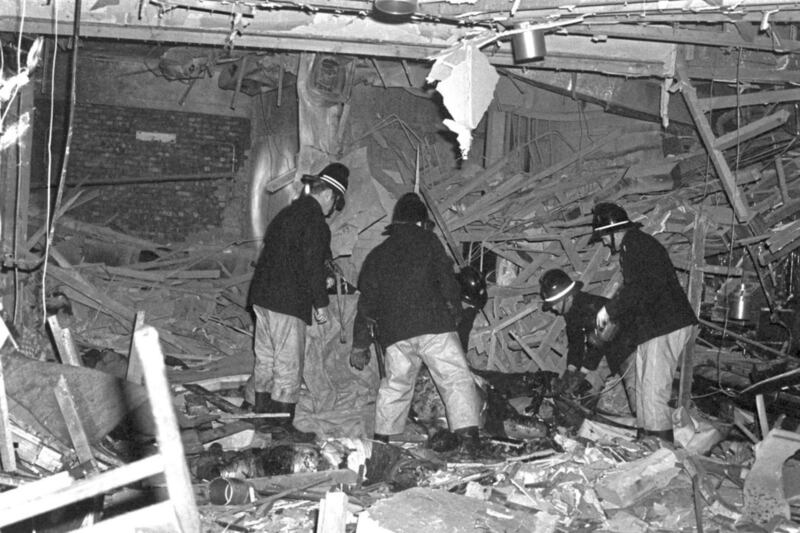 Firemen at work following the bomb attacks in Birmingham city centre that targeted the Mulberry Bush pub and the Tavern in the Town. Picture by PA Wire