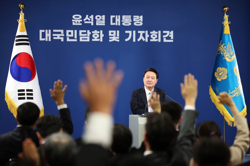 South Korean President Yoon Suk Yeol attends a news conference at the Presidential Office in Seoul, South Korea (Kim Hong-Ji/AP)