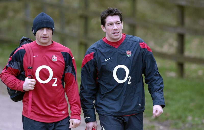 Voyce, right, pictured with Matt Dawson at an England training session