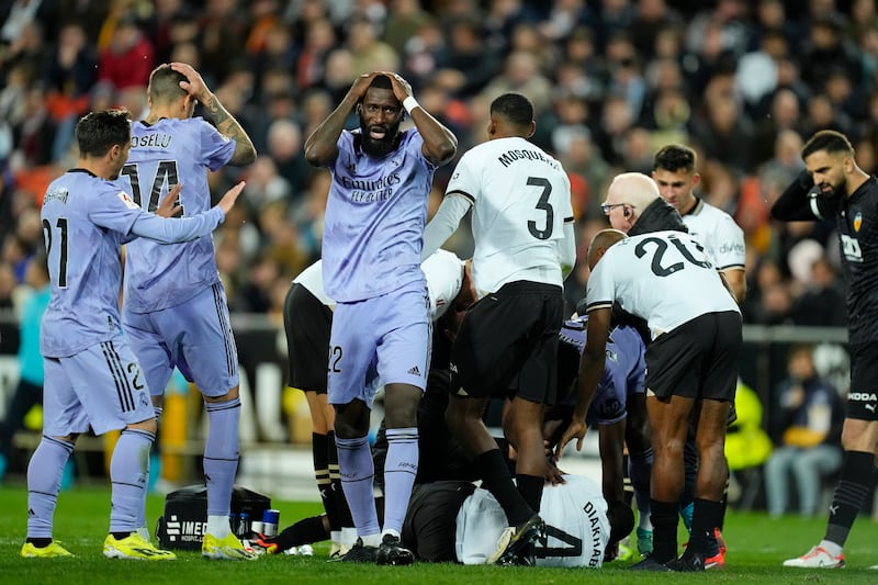 Several players appeared upset after an injury to Valencia’s Mouctar Diakhaby (Jose Breton/AP)