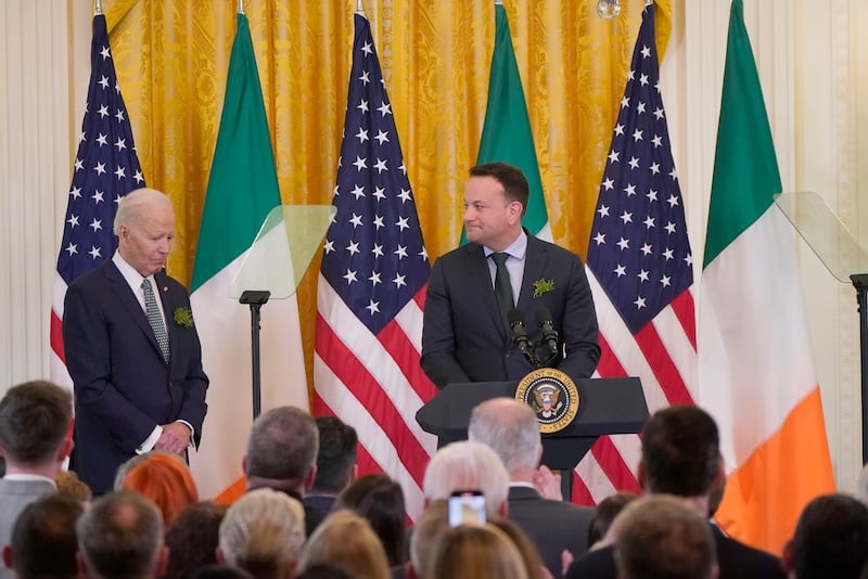 US President Joe Biden shows emotion as Taoiseach Leo Varadkar speaks during the St Patrick's Day reception. PICTURE: NIALL CARSON/PA