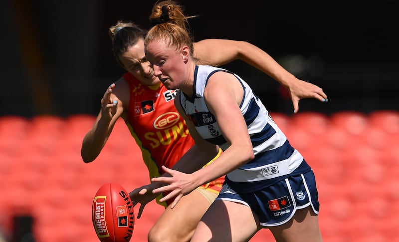 GOLD COAST, AUSTRALIA - SEPTEMBER 21: Aishling Moloney of the Cats competes for the ball during the round four AFLW match between Gold Coast Suns and Geelong Cats at People First Stadium, on September 21, 2024, in Gold Coast, Australia. (Photo by Matt Roberts/Getty Images)