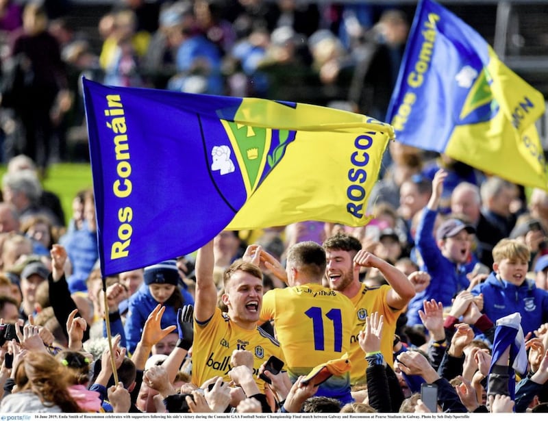 Enda Smith of Roscommon celebrates with supporters after beating Galway in the 2019 Connacht SFC Final. 