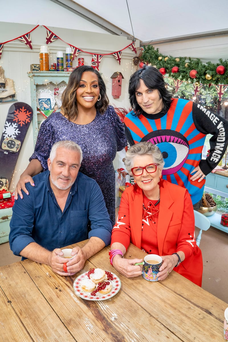 The Great Christmas Bake Off presenters Noel Fielding and Alison Hammond with judges Dame Prue Leith and Paul Hollywood