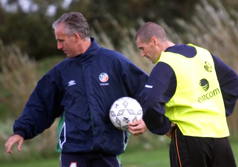 Republic of Ireland manager Mick McCarthy (left) and footballer Roy Keane during a training session in Dublin.