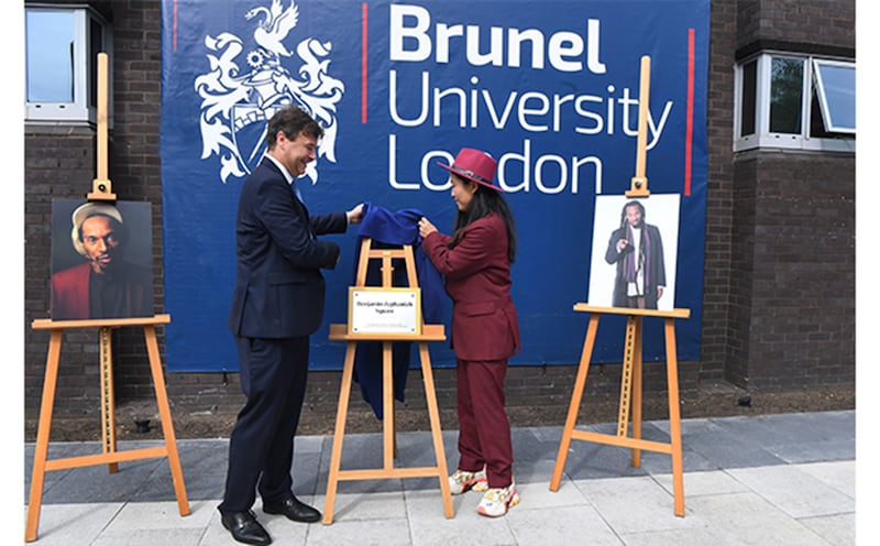 Prof Andrew Jones, Brunel’s Vice-Chancellor and President, and Qian Zephaniah unveiling the plaque