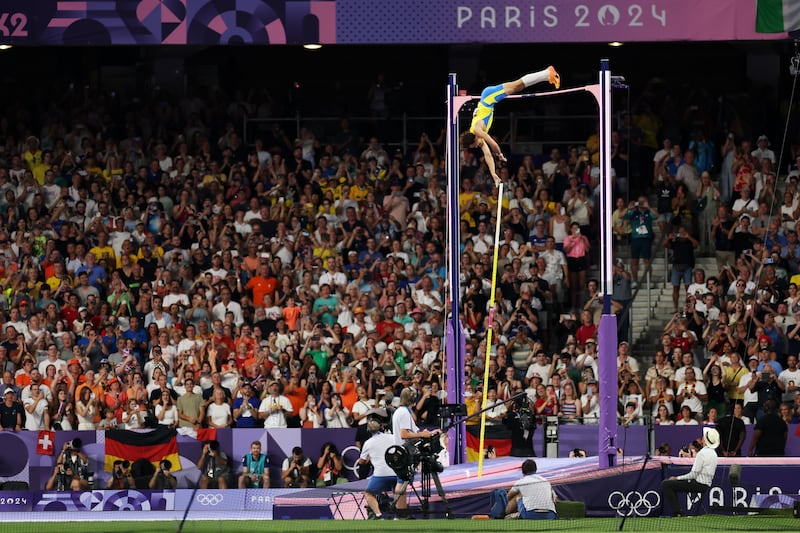 Armand Duplantis of Team Sweden competes during the men's pole vault final at the Paris Olympics