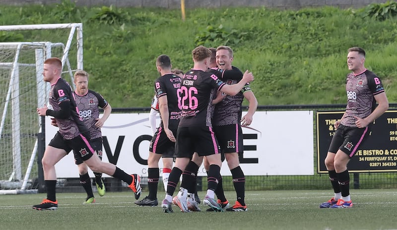 Dundalk celebrate John Mountney's goal against Derry City at the Brandywell on Friday night. Picture: Margaret McLaughlin