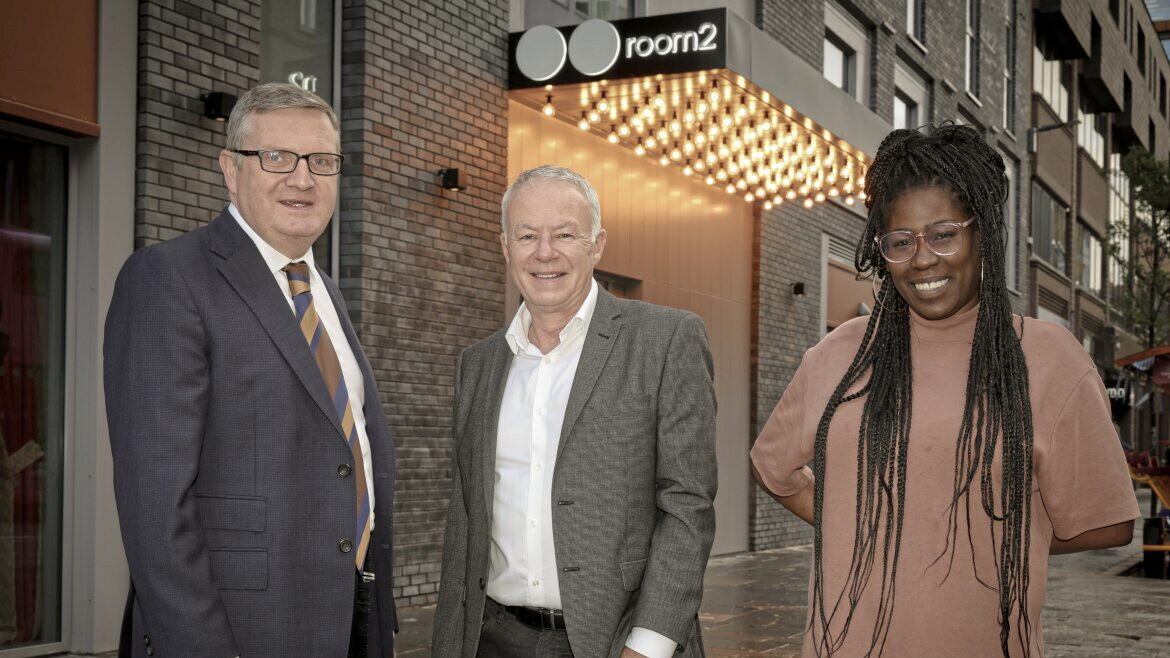 Businessman Gareth Graham (left) and John Walsh from Belfast City Council getting a tour of Belfast&#39;s newest hotel Room 2 along with new openings manager Michelle Thomas. Picture: Darren Kidd/PressEye 