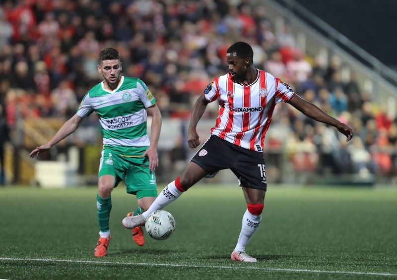 Derry City's Sadou Diallo with Dylan Watts of Shamrock Rovers at the Brandywell on Friday night