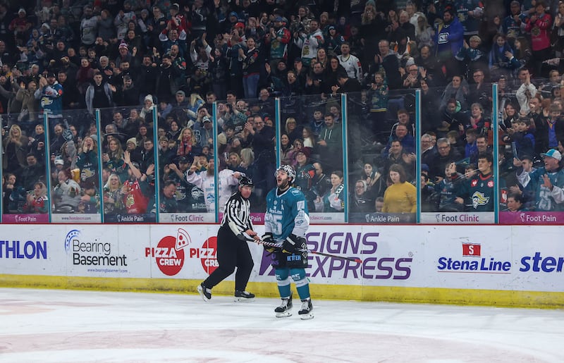 Belfast Giants’ Jeff Baum celebrates scoring against Nottingham Panthers