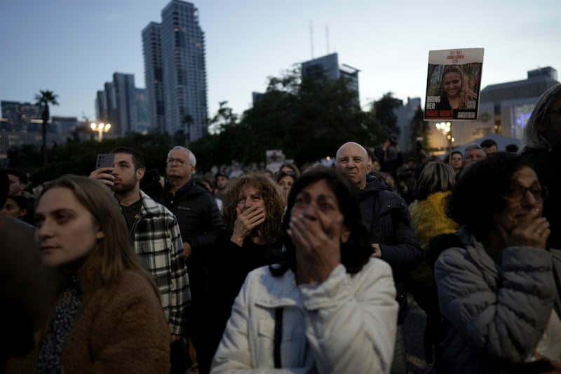 Relatives and friends of people killed and abducted by Hamas and taken into Gaza gather in Tel Aviv, Israel (Oded Balilty/AP)