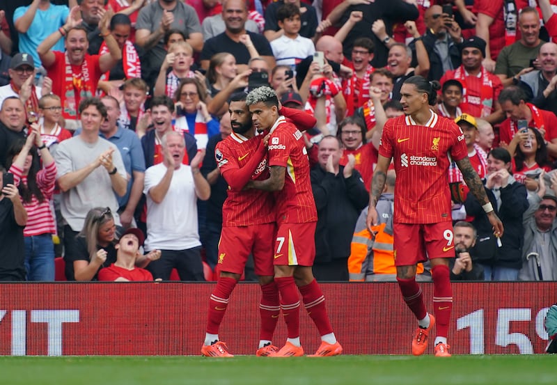 Mohamed Salah, Luis Diaz and Darwin Nunez, left to right, have all been among the goals