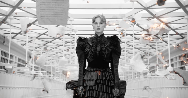 The black ruffled dress from the Fortnight music video will be on show at the V&A as part of the temporary Songbook Trail. Credit: Courtesy of TAS Rights Management, LLC.