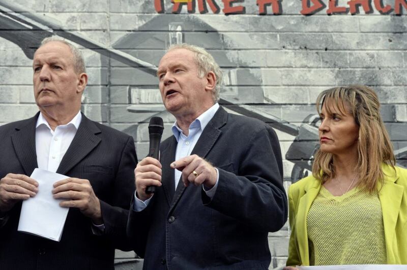 Pacemaker press 4/5/14 Sinn Fein hold a protest on the Falls road in Belfast beside a new mural dedicated to Gerry Adams.  The Sinn Fein president is being held at Antrim police station to be questioned over the 1972 murder of Jean McConville.  Pictured are Bobby Storey with Martin McGuinness and Martina Anderson.Senior Belfast republican Bobby Storey has died, Sinn Fein has announced...The party&#39;s president Mary Lou McDonald expressed &#39;deep sadness&#39; at the death of Mr Storey, who was former IRA commander and the northern chairman of Sinn Fein. He was also a close ally of former party leader Gerry Adams...He is survived by his partner Teresa, his children and grandchildren and siblings Seamus, Brian and Geraldine...Ms McDonald said: &quot;Bobby was a lifelong and very deeply committed Irish Republican whose passing will be received with great sadness by republicans throughout Ireland...&acirc;??Bobby was involved in republican activism for over forty years and suffered great hardship for his selfless dedication to his republican ideals.. 