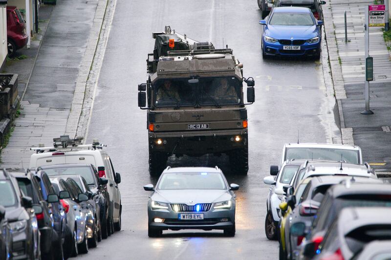 A military vehicle seen in Plymouth, where residents were evacuated and a cordon was put in place following the discovery of a WWII bomb