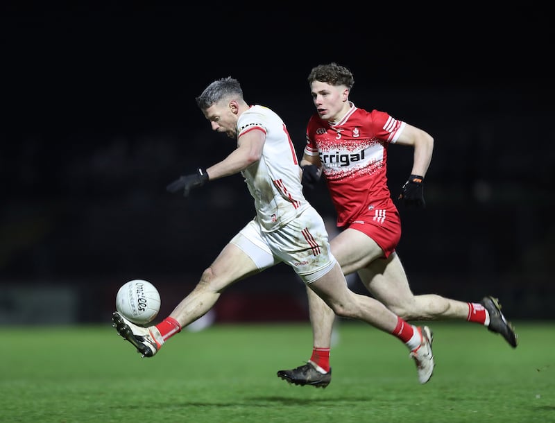 Tyrone Matthew Donnelly with Eoin McEvoy of Derry during the NFL round 1 match played at Healy Park, Omagh on Saturday 25th January 2025. Picture Margaret McLaughlin