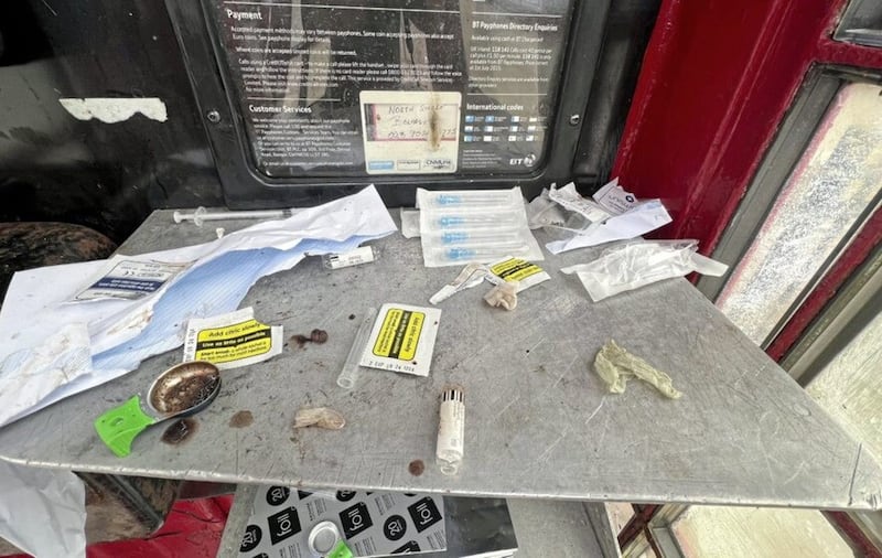 Drug paraphernalia found inside a phone box in Belfast city centre last year. Picture: Hugh Russell