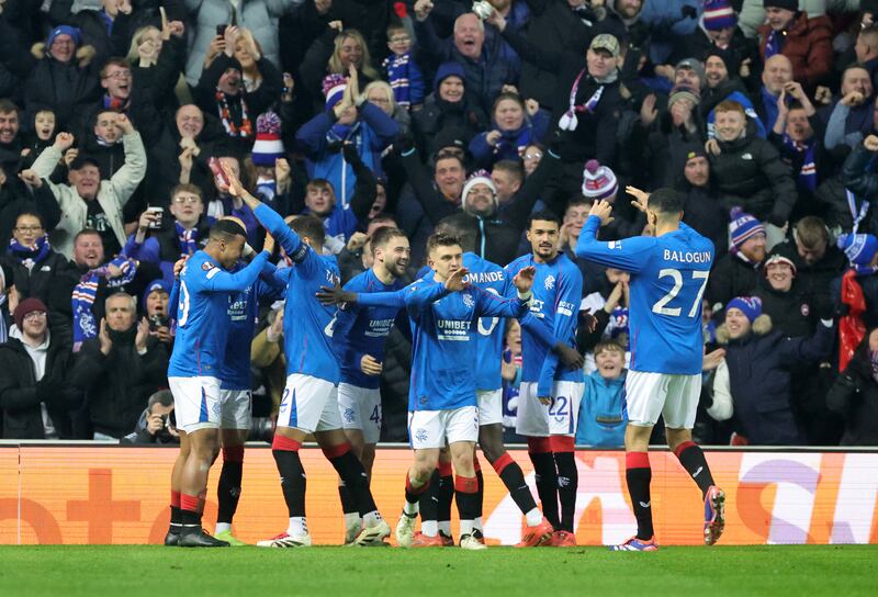 Rangers players celebrate Igamane’s opener on Thursday night