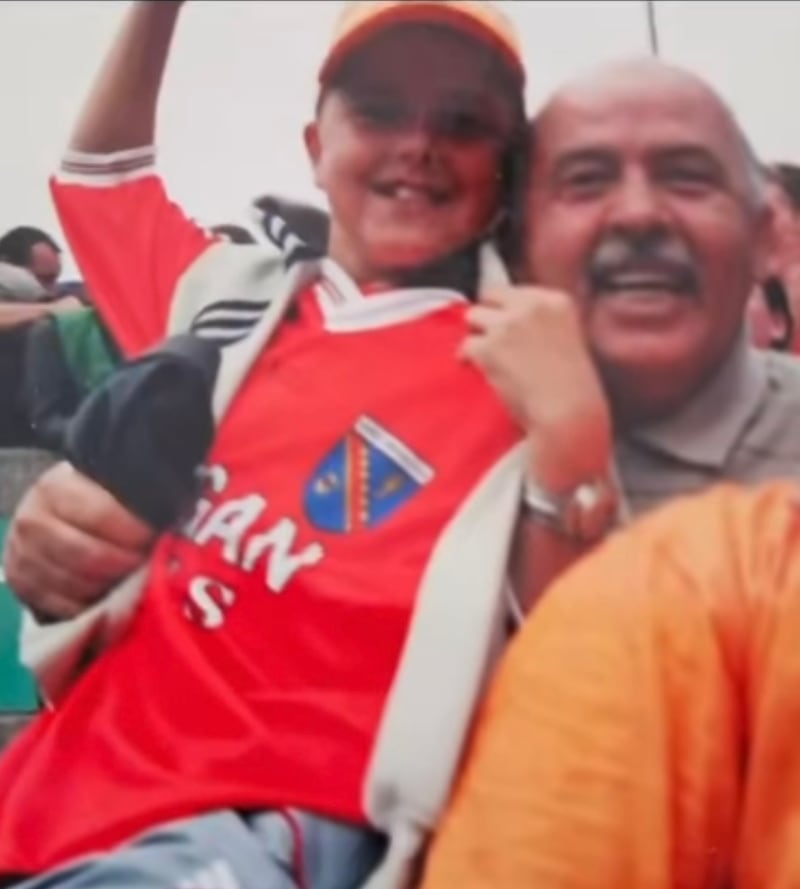 Stefan Campbell and his dad celebrate Armagh's first All-Ireland win in 2002