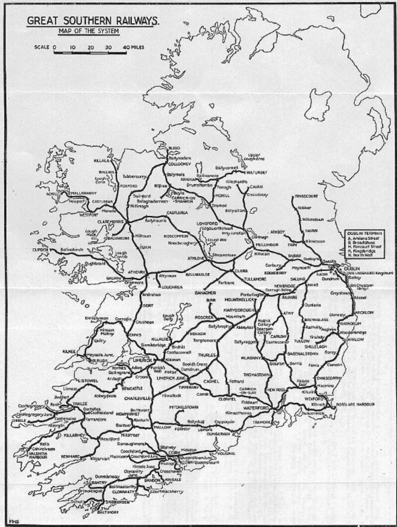 A 1926 map showing the routes operated by Great Southern Railways.