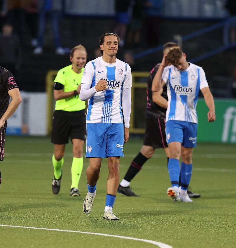 Coleraine Jamie Glackin celebrates his goal in tonight's  game Coleraine v Ballymena  at Ballycastle rd Coleraine  in the Sports Direct Premiership Pacemaker - Belfast -  -14/1/23.