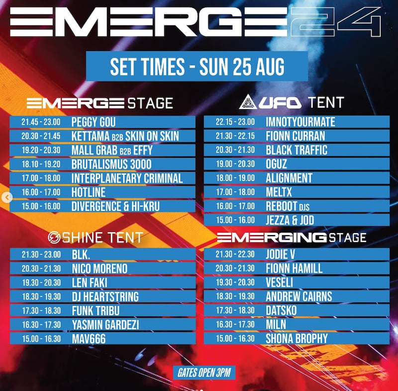 Emerge24 set times for Sunday 25 August