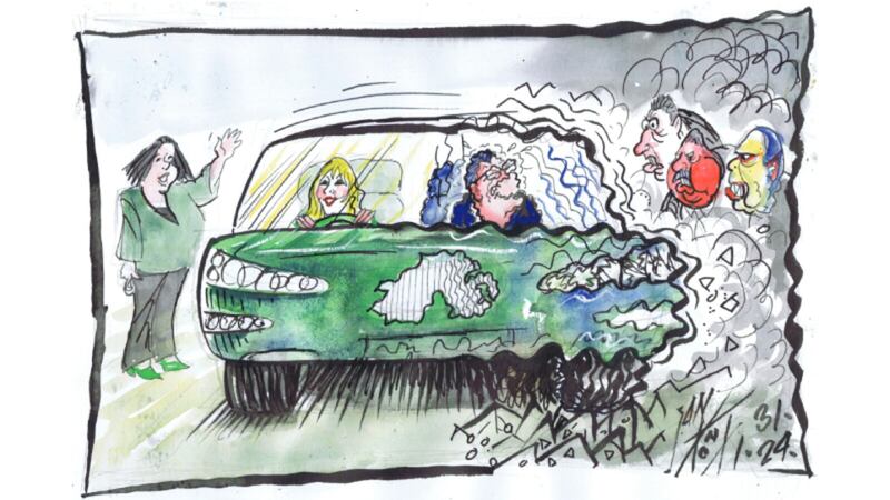 Ian Knox cartoon showing car with Michelle O'Neill in driver's seat and Jeffrey Donaldson as passenger