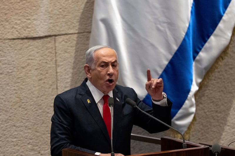 Benjamin Netanyahu addresses Israel’s parliament (Ohad Zwigenberg/AP)