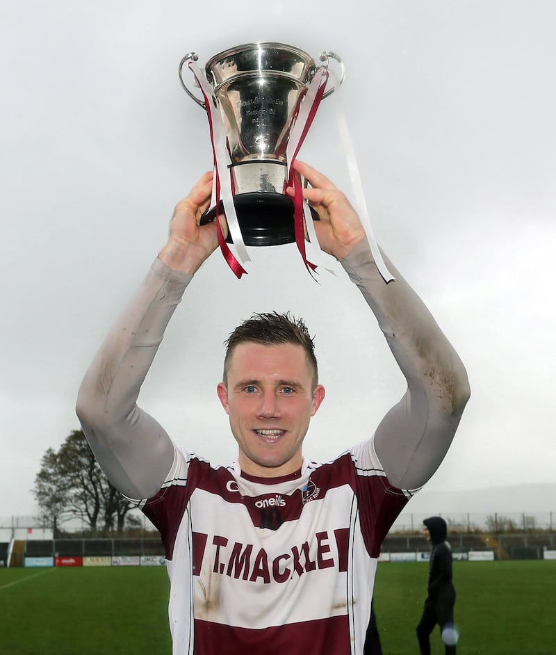 Slaughtneil captain Mark McGuigan with the cup after beating Banagher during the Derry Senior Hurling Championship final played at Owenbeg on Saturday 26th October 2024. Picture Margaret McLaughlin