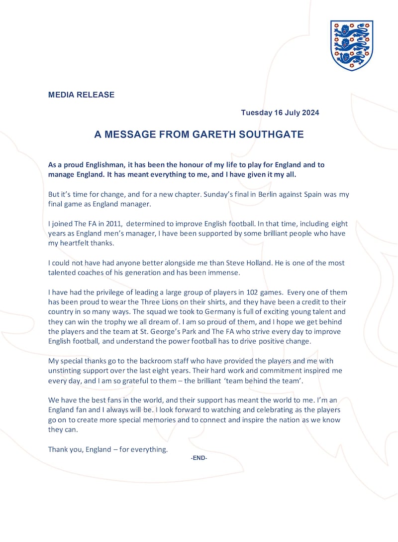 Gareth Southgate’s message as he stepped down as England manager .