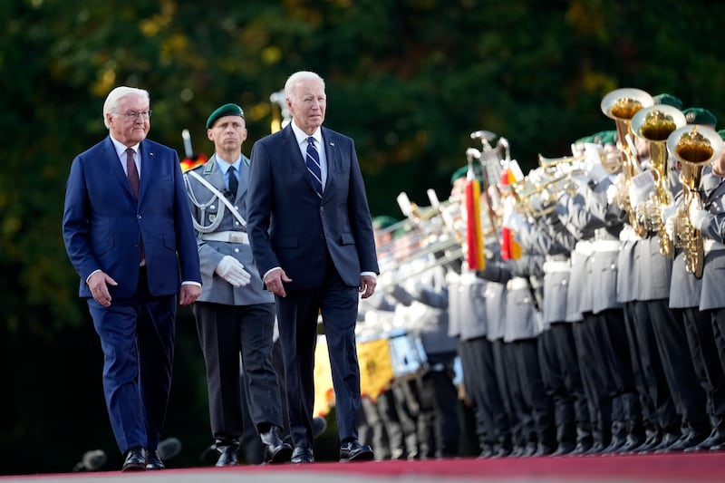 US President Joe Biden and German President Frank-Walter Steinmeier inspect the military honour guard at Bellevue Palace in Berlin (Ebrahim Noroozi/AP)