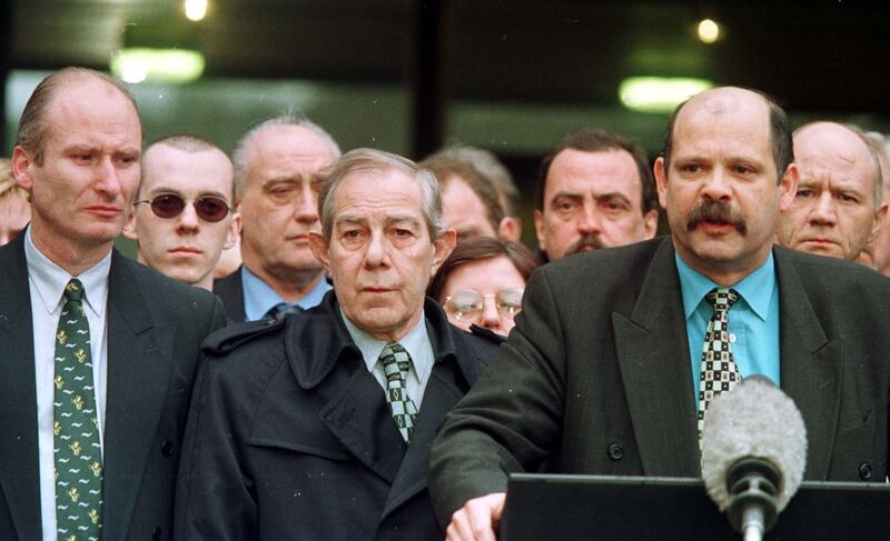 PUP leader David Ervine (right), Hugh Smyth (centre) and Billy Hutchison (left) at Stormont after the signing of the Northern Ireland peace agreement