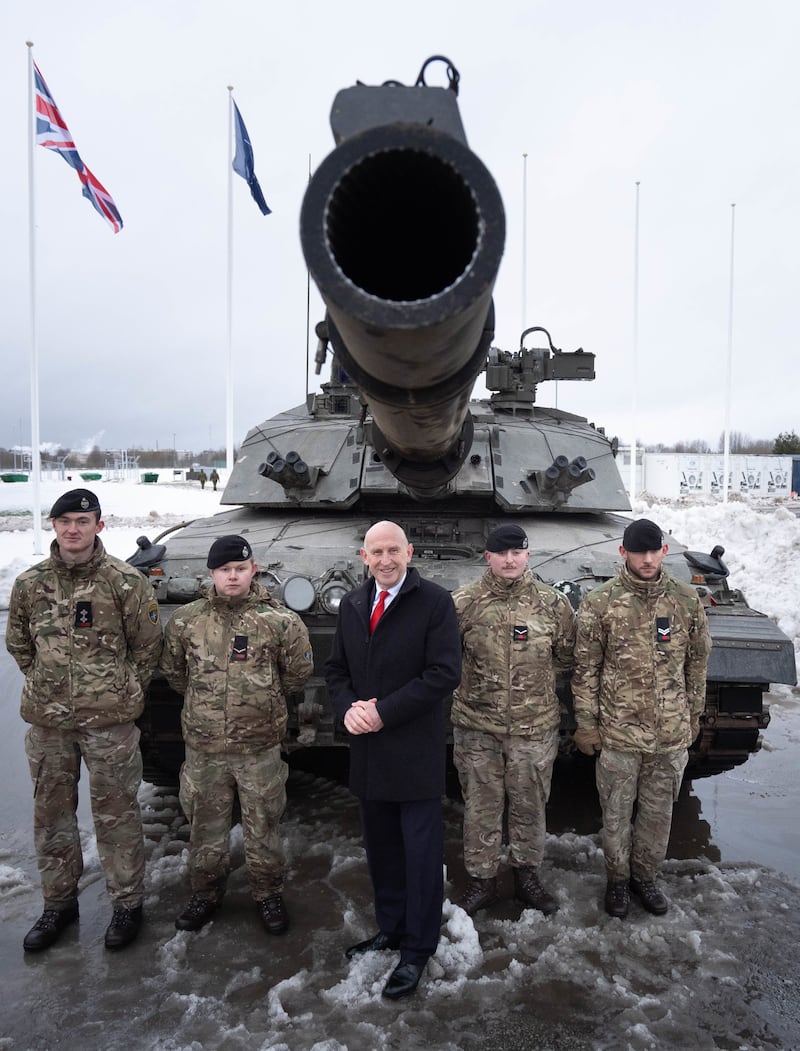 Defence Secretary John Healey with British personnel at the Tapa military base in Estonia