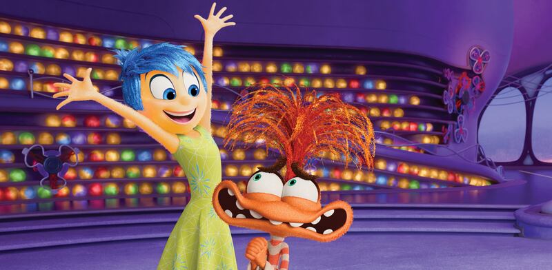 Joy (voiced by Amy Poehler) and Anxiety (Maya Hawke) in Inside Out 2