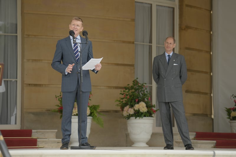 Tim Peake gives an inspirational speech at Buckingham Palace.