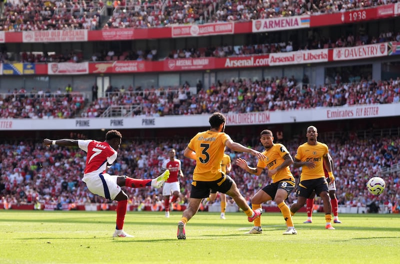 Bukayo Saka fires home Arsenal’s second .