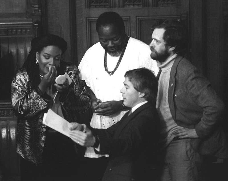 Diane Abbott awaits the State Opening of Parliament with Bernie Grant, Tony Banks and Jeremy Corbyn following her election in 1987