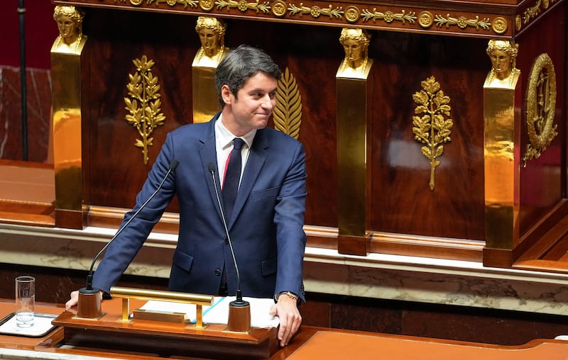 French Prime Minister Gabriel Attal acknowledges applauses during his speech to the National Assembly on Tuesday (Michel Euler/AP)